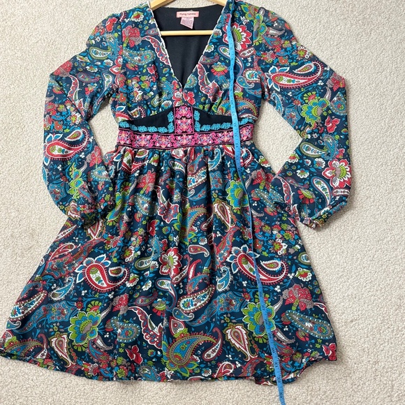 Flying Tomato Mini Dress Navy Blue Paisley Print Long Sleeves Size Extra Small - Picture 7 of 11